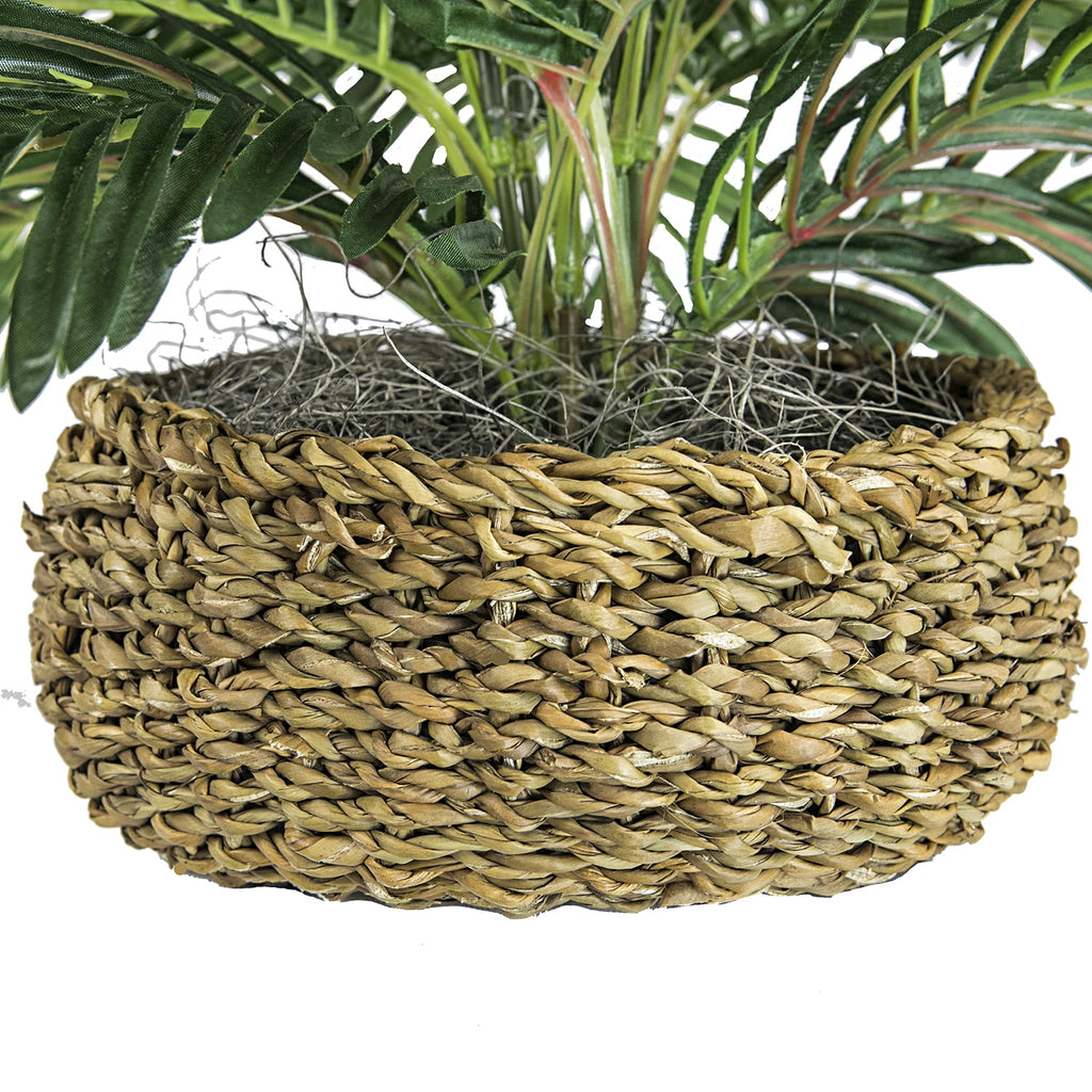 Artificial Plant, 14" Artificial Phoenix Palm in Low Round Handwoven Basket by LCG Florals, Faux Designer Fake Indoor Tabletop Plant for Living Room, Office, and Home Décor