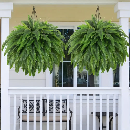 38 leaves 2 pieces lifelike artificial Boston fern plants, versatile faux potted plants for home, garden porch cabin decor, hanging display, indoor/out use, pot not included