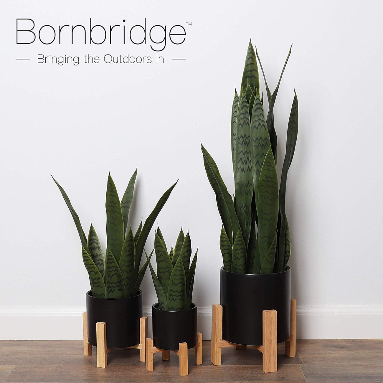 Bornbridge Artificial Snake Plant with Mid Century Plant Stand - Sansevieria Plant in Modern Planter - Small, 1 Pack