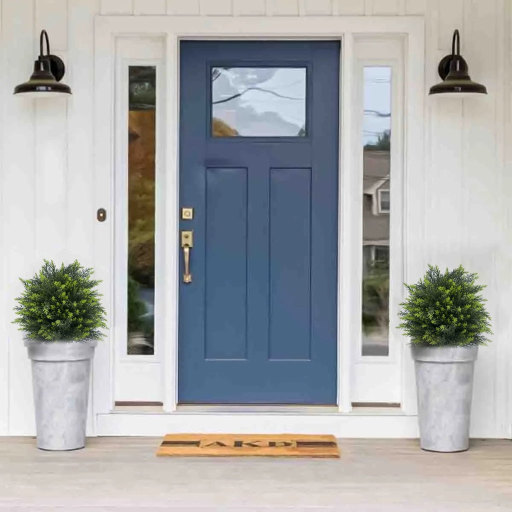 YUSS 21 inch Artificial Cypress Topiary Plants 2 Pack, Faux Cedar Bushes with Ground Spike UV Resistant, Outdoor Fake Shrubs for Front Porch Decor