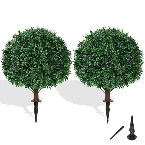 2 16in Artificial Boxwood Sphere Bushes - UV Resistant, with Stakes, Porch/Planter/Indoor Decor