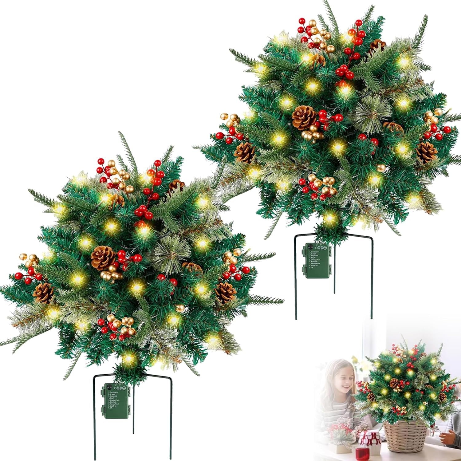 BINGTAOHU 2 Pcs Pre-lit Christmas Tree Outdoor Prelit Planter Bushes Christmas Tree Frosted Urn Filler Holiday Planter Filler Small with Warm LED Lights for Porch Pathway Front Door 23.62 In