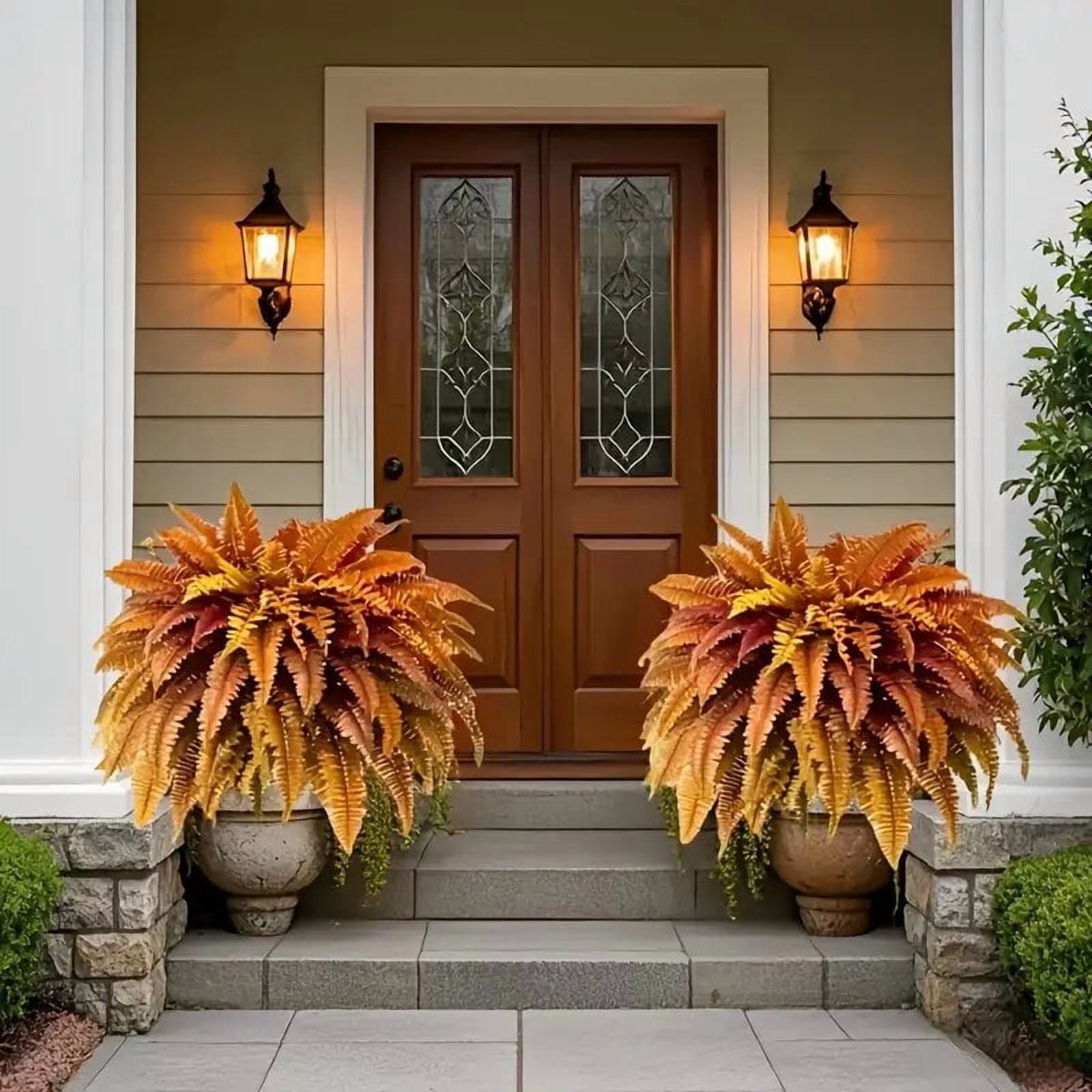 Dremisland Artificial Fall Plants and Ferns for Outdoors - Set of 2 Bouquets 39" Diam Fake Boston Fern Shrubs for Autumn Garden Porch Decor (Fall-2PCS)