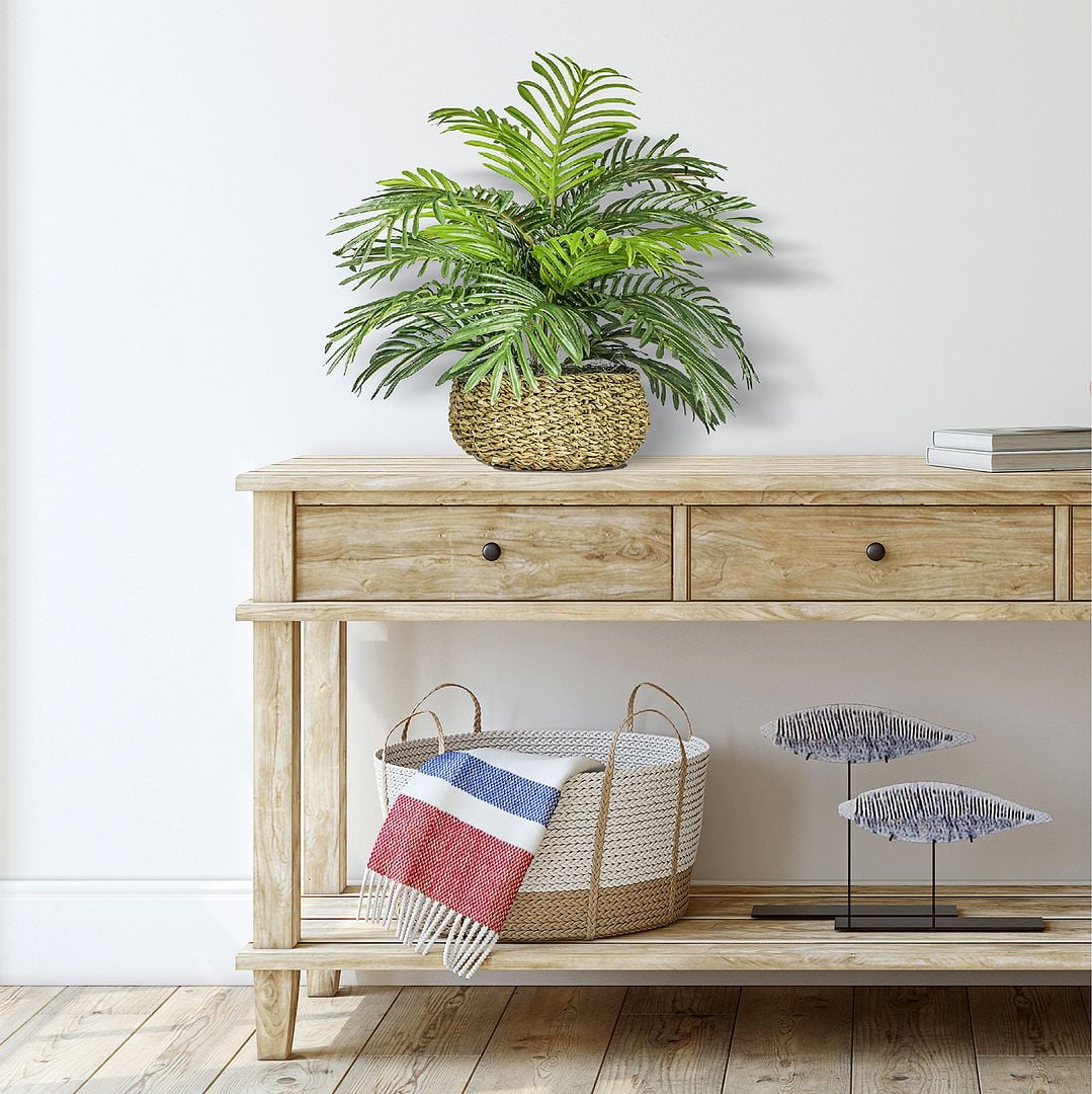 Artificial Plant, 14" Artificial Phoenix Palm in Low Round Handwoven Basket by LCG Florals, Faux Designer Fake Indoor Tabletop Plant for Living Room, Office, and Home Décor