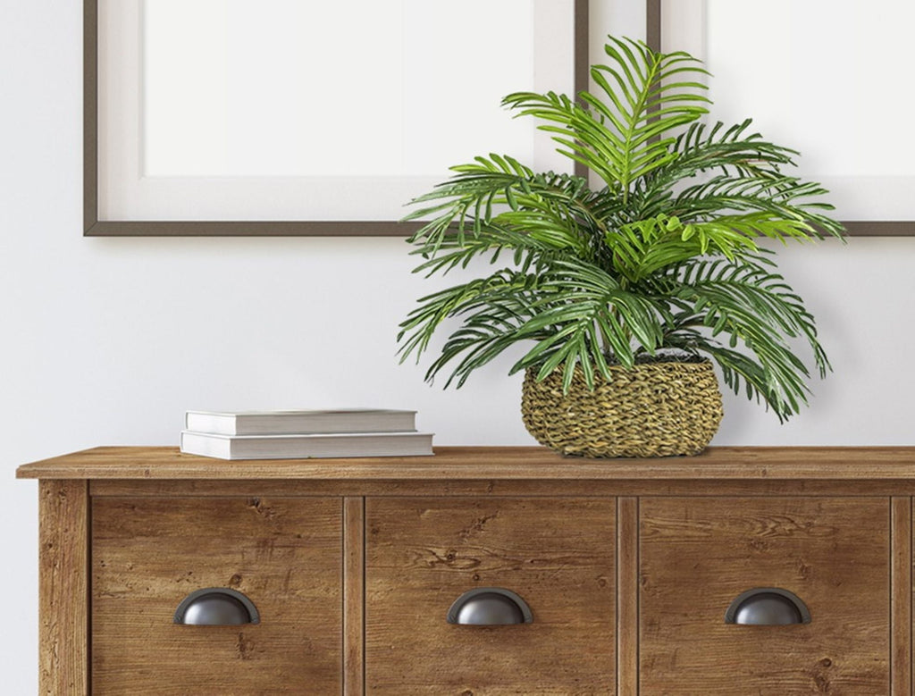 Artificial Plant, 14" Artificial Phoenix Palm in Low Round Handwoven Basket by LCG Florals, Faux Designer Fake Indoor Tabletop Plant for Living Room, Office, and Home Décor